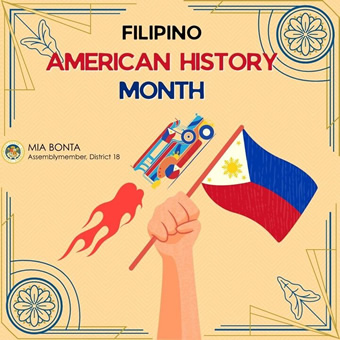 Filipino-American History Month social media graphic featuring a hand holding a flag