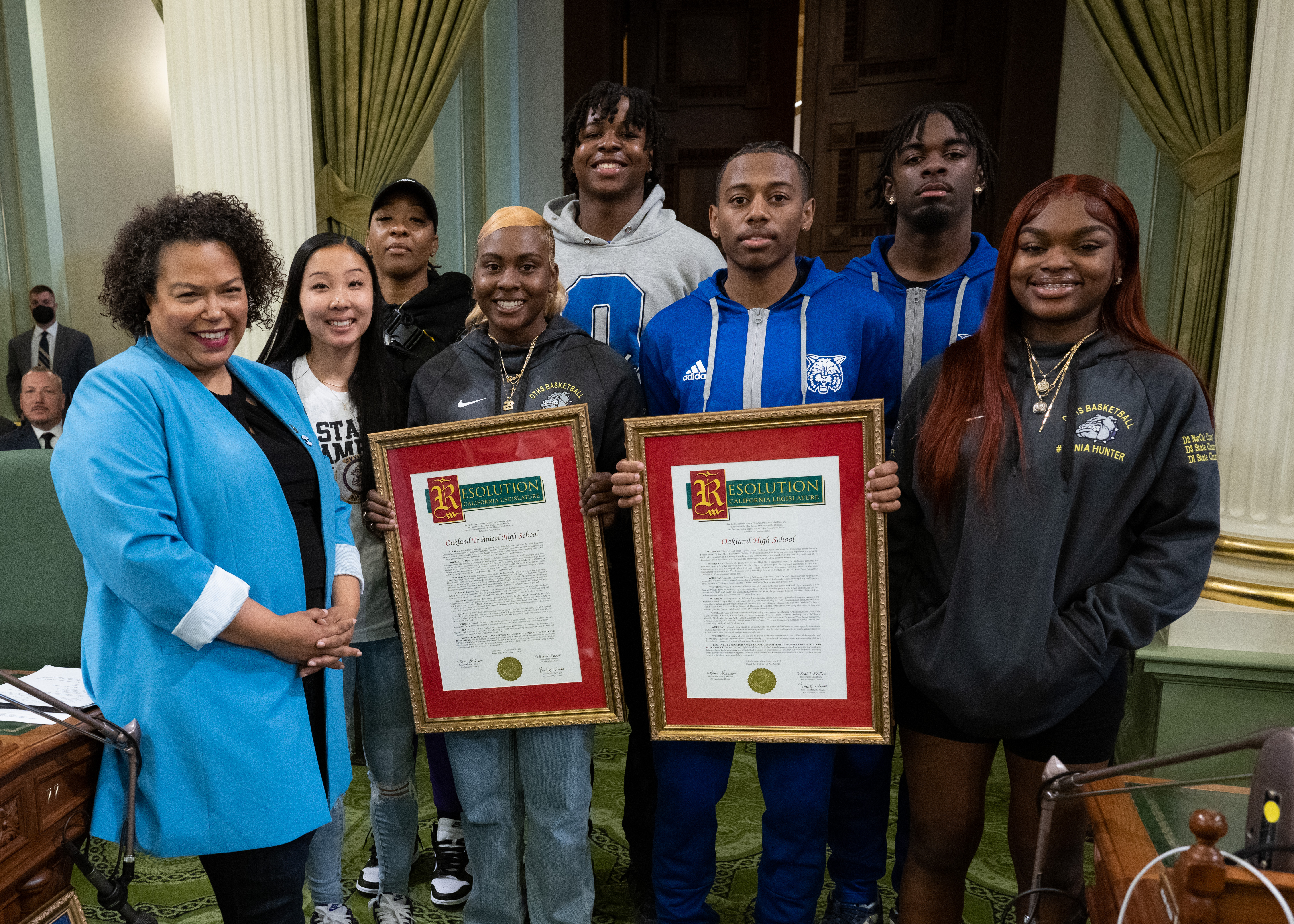 1.	Picture 1 is Assemblymember Bonta with the Captain and Co-Captains of the Oakland High School and Oakland Technical High School during the Assembly Floor Recognition