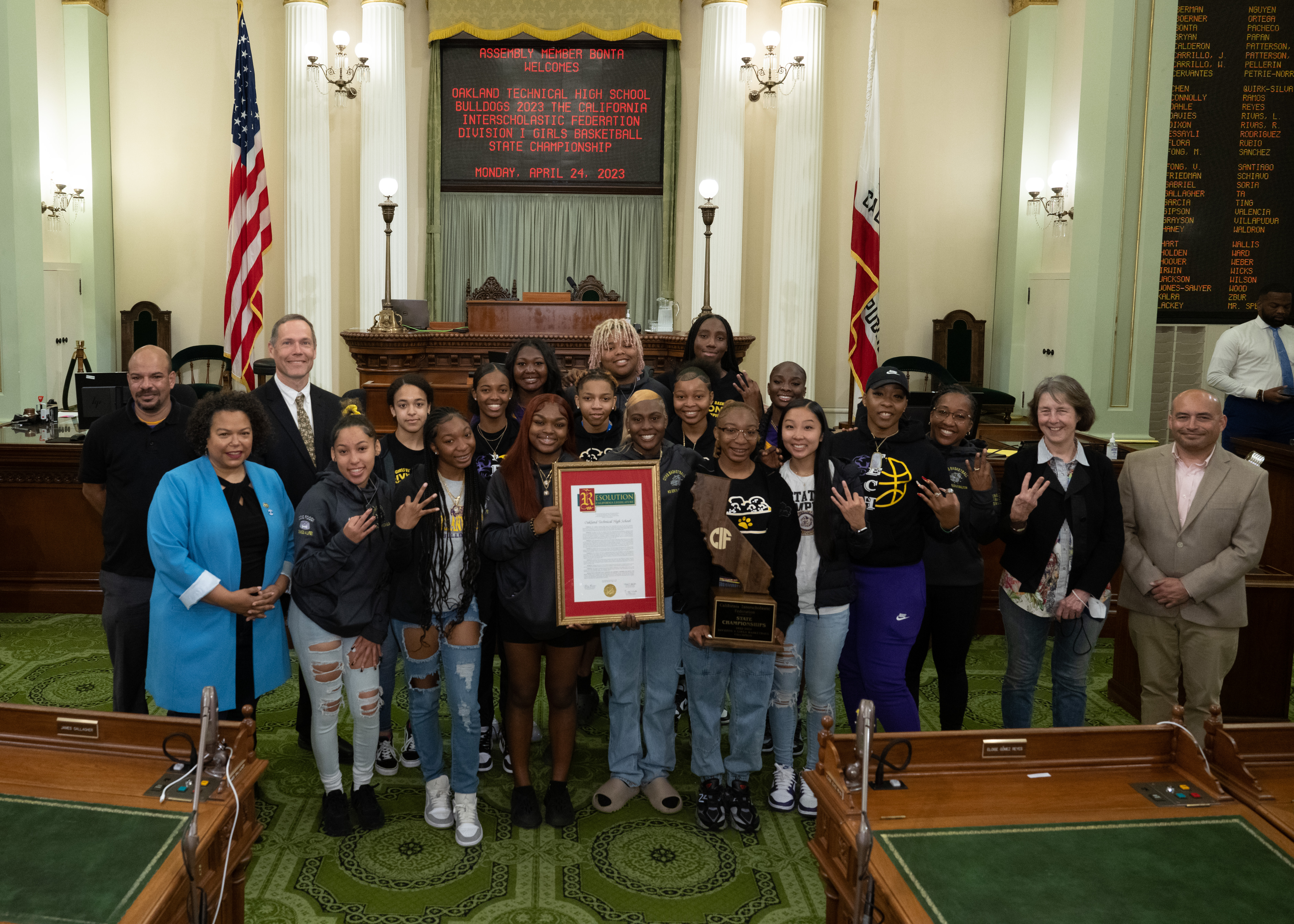 Assemblymember Bonta and Senator Skinner with the Oakland Technical High School Basketball team